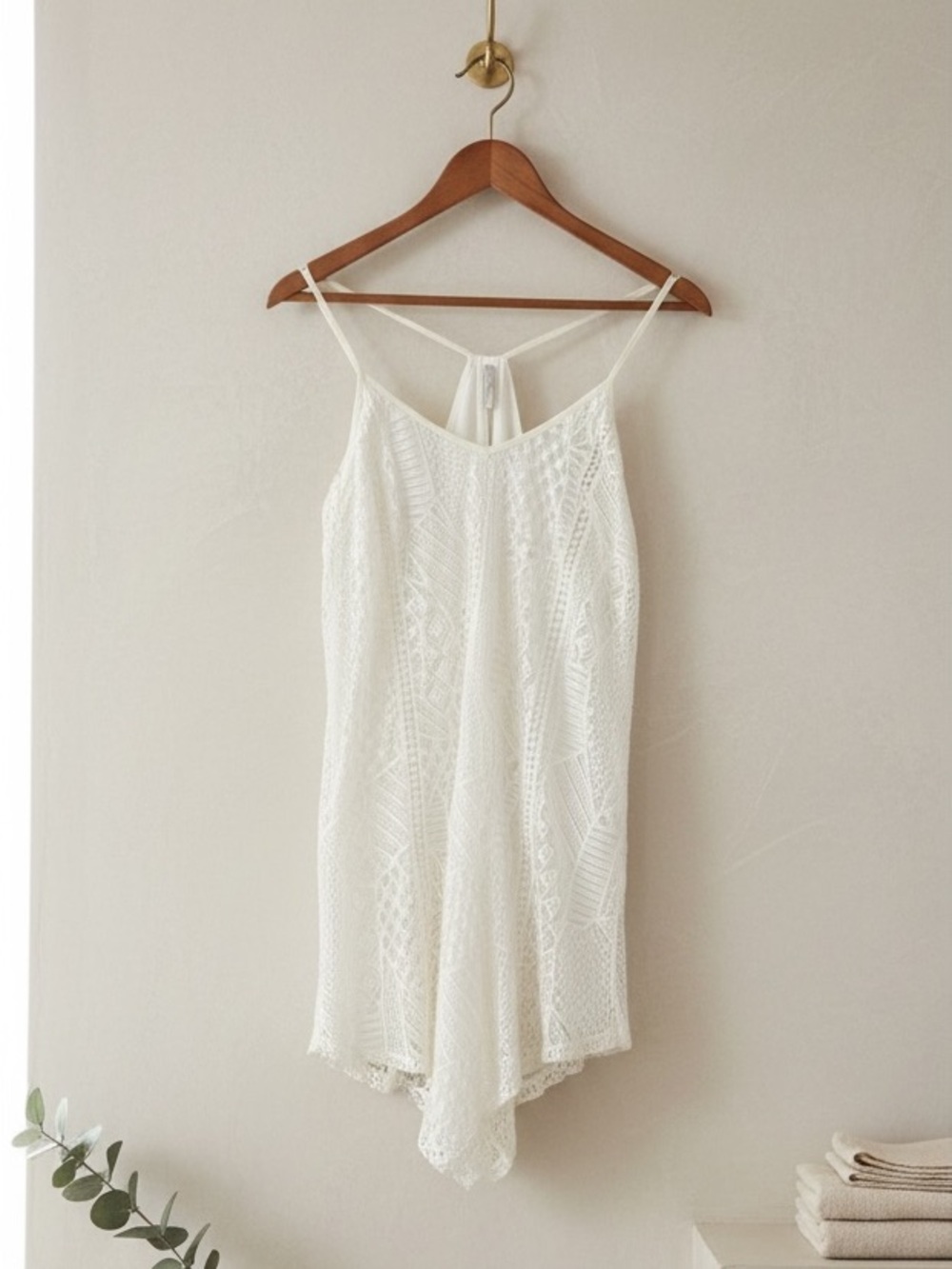 Vanity Vintage All Lace Ivory White Boho Lined Mini Slip Dress Size M